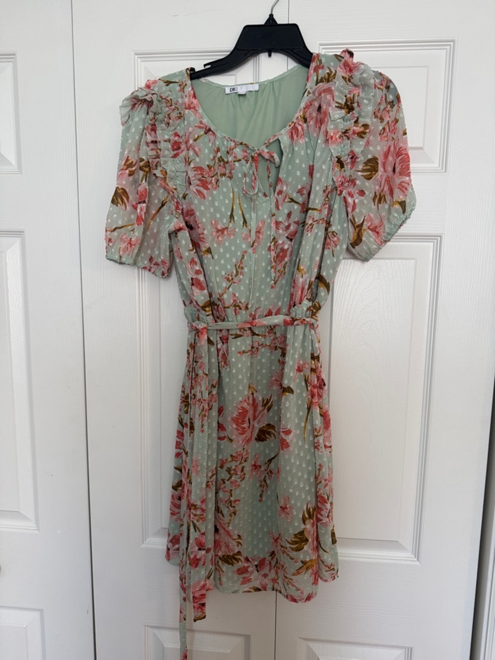 DR2 Sage Green Floral Mini Dress with Puff Sleeves